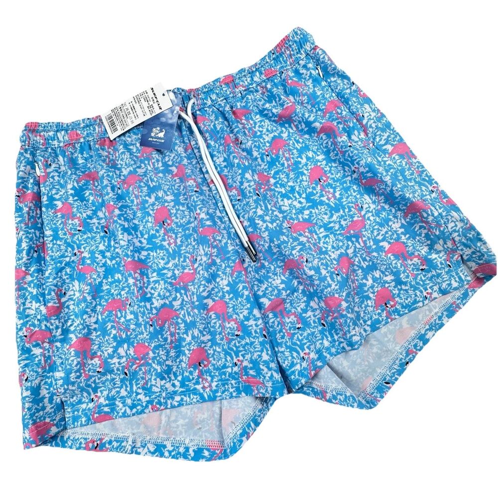 NWT Surfcuz Lined Swim Shorts Men‎ XL Blue Flamingo Beach Stretch Drawstring